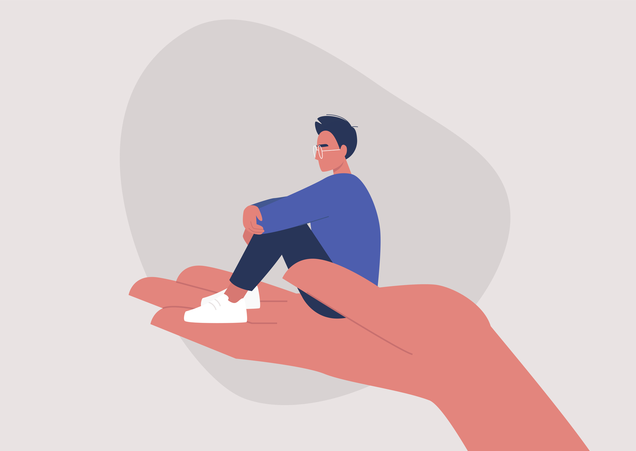 A young male character sitting on a hand palm, psychotherapy, help and support, a counseling session