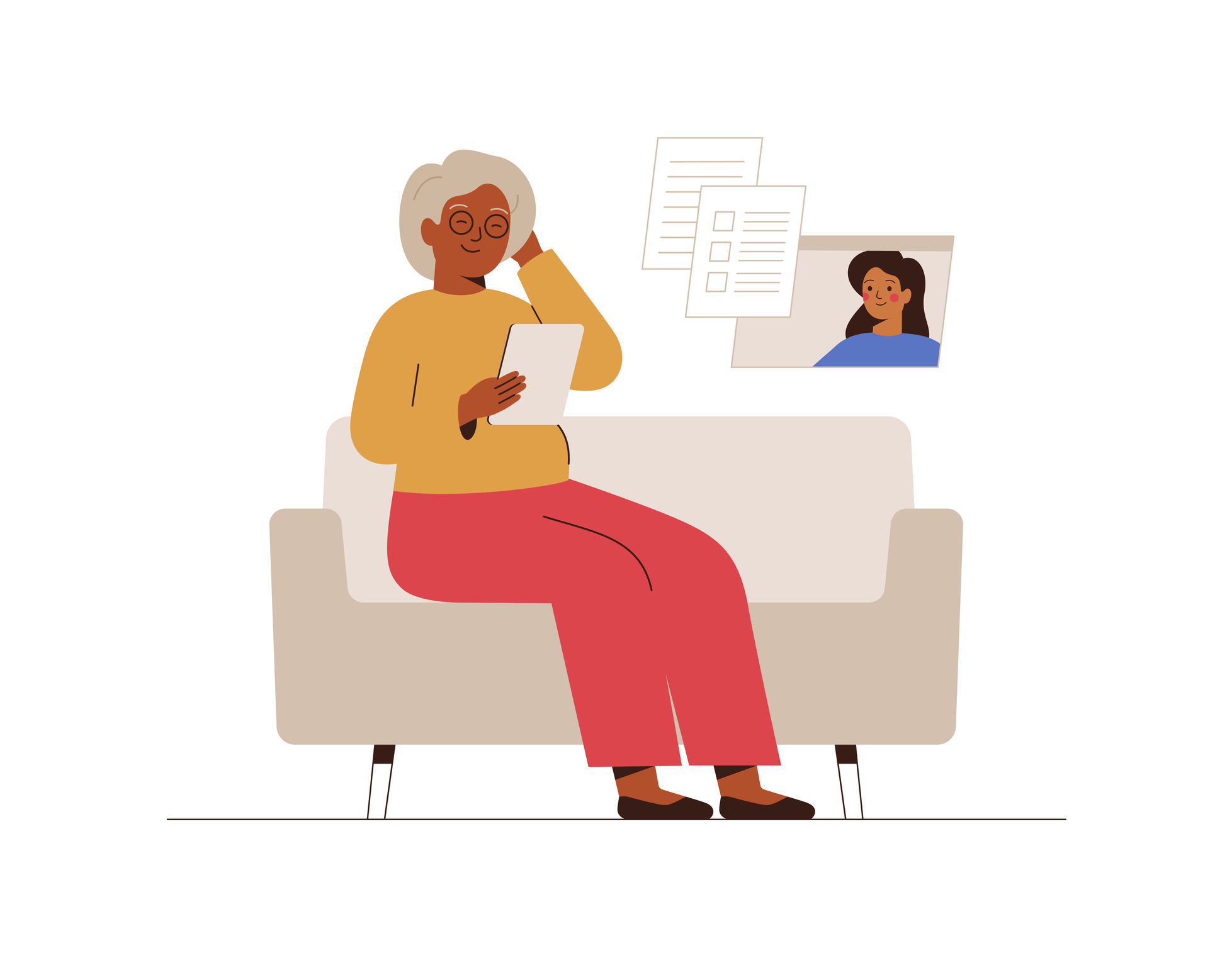 Online Doctor or Medical Service concept. African senior woman has a video consultation on health issues with her doctor or Social Worker.